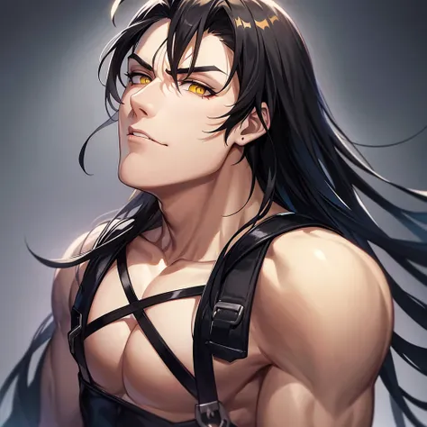 Muscular man with marked jaw. Looking up in a gothic outfit, yellow eyes and long black hair.