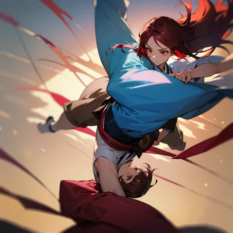 A beautiful fighter (shorth hair) (Brown eyes) (maroon hair) and with a blue judo kimono in a really cool pose