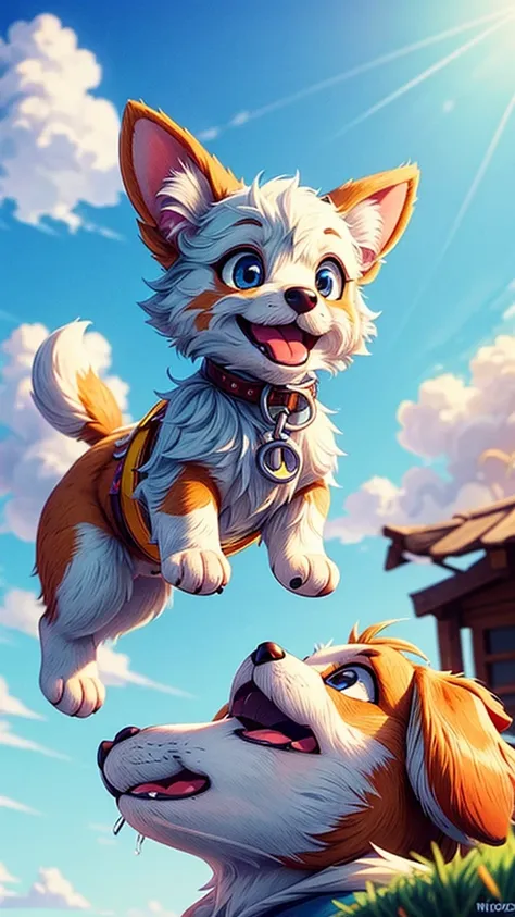 a cute puppy flying in the sky with a cute girl, extremely detailed fur,  puppy, cute dog, beautiful detailed eyes,beautiful det...