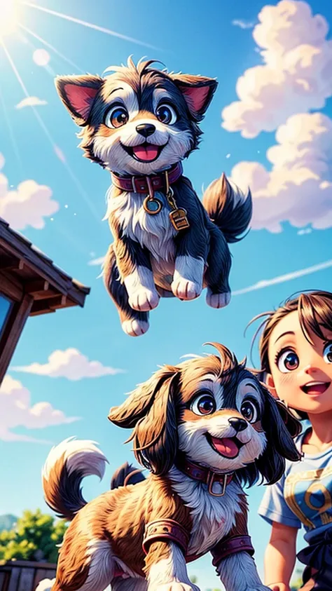 a cute puppy flying in the sky with a cute girl, extremely detailed fur,  puppy, cute dog, beautiful detailed eyes,beautiful detailed nose,beautiful detailed mouth,fluffy,soft,playful,happy expression,dynamic movement,blue sky,clouds,sunlight,warm color to...