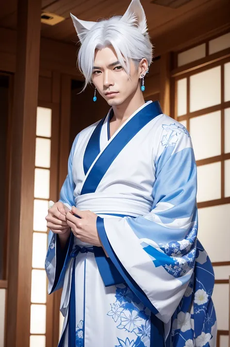 Not genshin style, create a kitsune man with white hair, blue and white kimono, and earrings