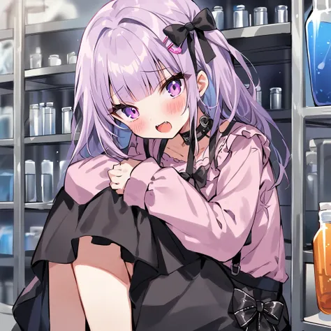 Top quality, masterpiece,a girl
, peal purple and blunt bangs hair, twin braids, eyes closed, mouth wide open and screaming, blushing, smilng,fangs,(a girl with closs hair pin,
pink shirt,cosplay, jirai kei, bangs, black skirt, black bow, looking at viewer...