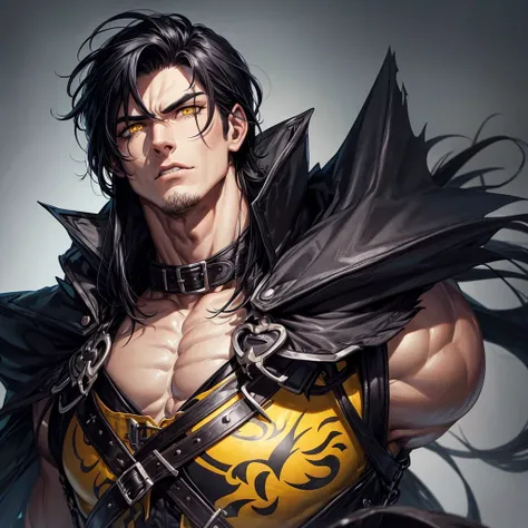 Muscular man with marked jaw. Looking up in a gothic outfit, yellow eyes and long black hair aesthetic