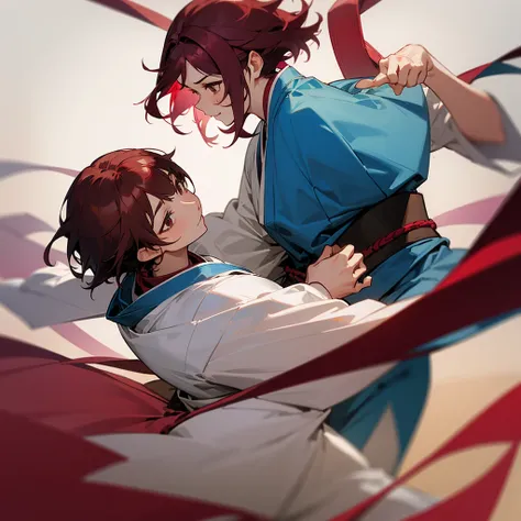 A beautiful fighter (shorth hair) (Brown eyes) (maroon hair) and with a very stylish blue judo kimono 