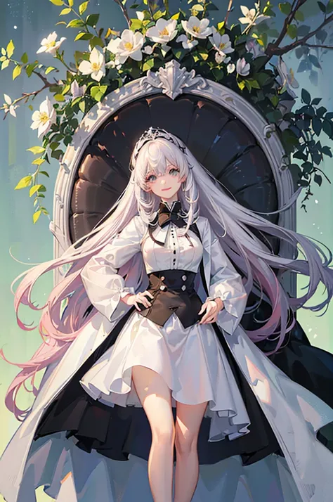 (Top quality、high resolution、Beautiful and delicate eyes、White lighting:1.2)、Super giant 、Large Breasts、Green Background、The viewers perspective、White hair、Hair longer than legs、Pink hair、Bangs、Long sleeve、Black shirt、a black skirt、Long coat、Smile、short an...