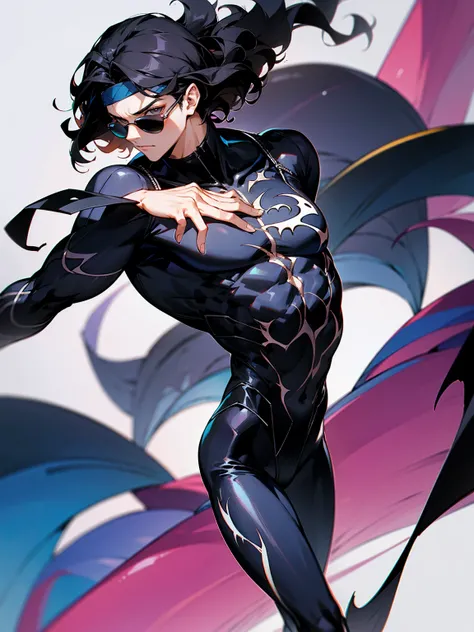 1male, adult, black hair, wavy hair, short hair, headband, lean build, venom super suit, sunglasses, confident