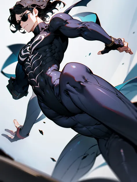 1male, adult, black hair, wavy hair, short hair, headband, lean build, venom super suit, sunglasses, confident