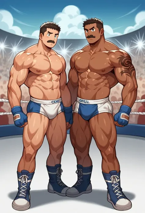 of a man，male people，Muscle wrestler，musculous，Stout wrestler，jpn，Uncles，45-year-old Middle age man，Short hair details，Wrestling boots，Athletic Sneakers，Show off your toned body，Panorama characters，white colors，，aged 40，short mustache,Middle age，tattoo fin...