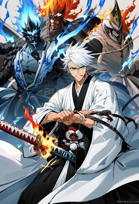 1 young boy, male focus,  details Intricate, 1 men, bonitas, White hair, vibrant green eyes, slim muscles, アニメ, 19yearsold, 19 years, a small goatee, kimono de Shinigami, Shinigami, bleach style, bleach, regatta, kimono, bleach, bleach style, katana ( uma ...