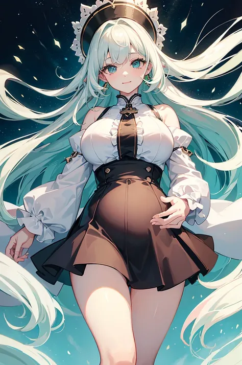 (Top quality、high resolution、Beautiful and delicate eyes、White lighting:1.2)、Super giant 、Large Breasts、Green Background、The viewers perspective、White hair、Hair longer than legs、Pink hair、Bangs、Long sleeve、Black shirt、a black skirt、Long coat、Smile、short an...