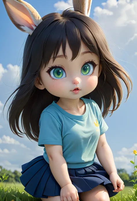 yellow baby rabbit, blue T-shirt,dark blue skirt, greeneyes, 