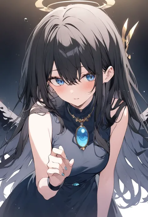 adult，girl，Long Hair，Black Hair，Blue eyeoon Dress，beautiful，Light blue brooch，