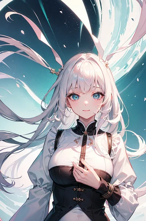 (Top quality、high resolution、Beautiful and delicate eyes、White lighting:1.2)、Green Background、The viewers perspective、White hair、Pink hair、Bangs、Long sleeve、Black shirt、a black skirt、Long coat、Smile、short and small、Slim details,Pregnant，Super huge breasts