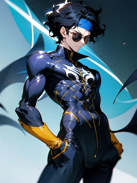 1male, adult, black hair, wavy hair, short hair, headband, lean build, venom super suit, sunglasses, confident, hands in pocket, lab