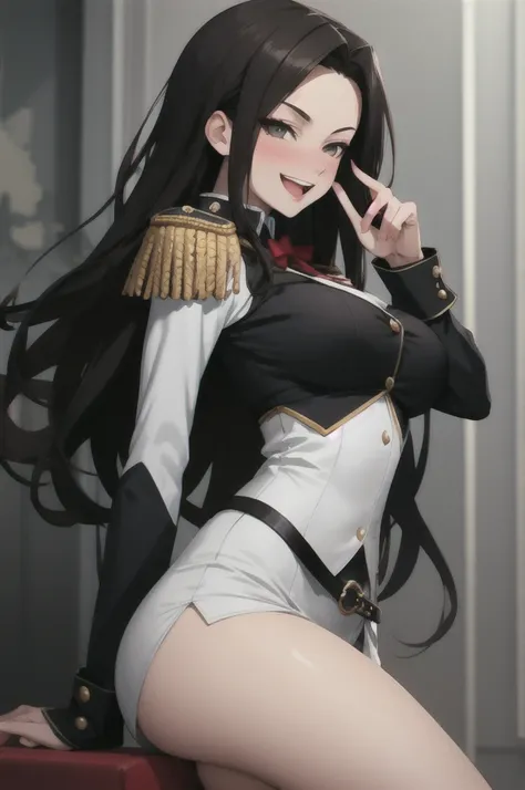 ((Masterpiece, best quality)),edgQuality,smirk,smug,dark hair
edgElegant, 1girl, solo, long hair, breasts, looking at viewer, blush, open mouth, epaulettes,wearing edgElegant
 