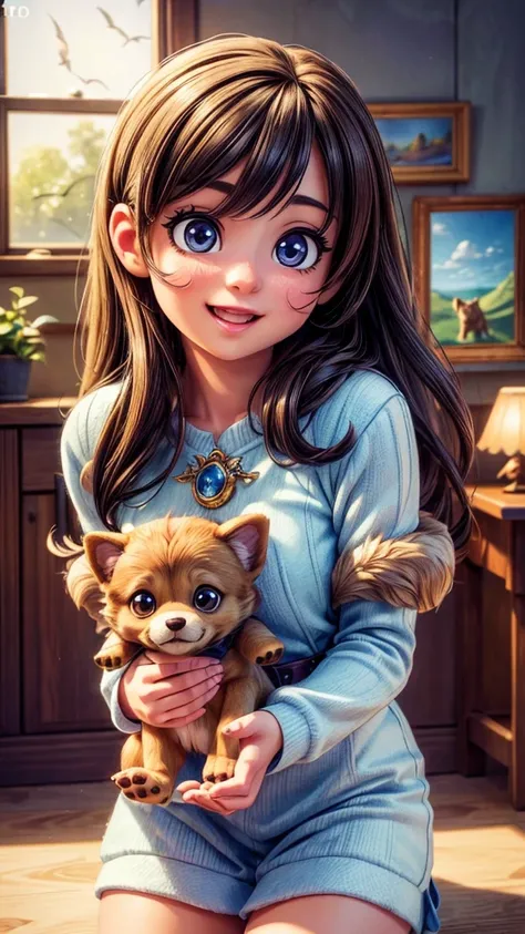 a cute puppy flying in the sky with a cute girl, detailed portrait of the girls face, beautiful detailed eyes, beautiful detailed lips, extremely detailed eyes and face, long eyelashes, beautiful girl with long hair, happy expression, puppy flying alongsid...