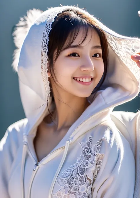 Diffuse lighting、 Highest quality, High resolution, unity 8k wallpaper、Supersaturation, Japanese、1 female、23 years old、Wearing a white hoodie、Under her hoodie she was wearing a black lace bra、Upper body close-up、Beautiful smile、Adult women、