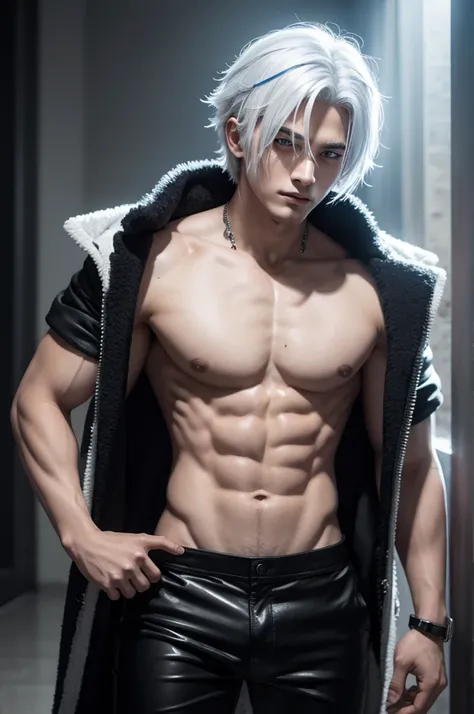 Boy with white hair with a blue streak showing his fangs and he is a wolf hybrid, shirtless and wearing black pants