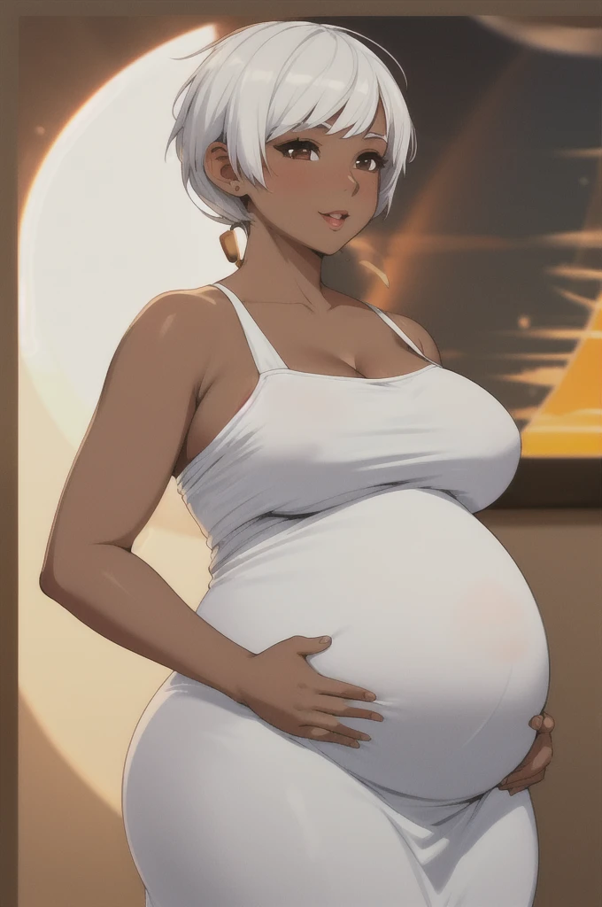 ((pregnant woman with a big belly)), ((white sun dress) ((solo)) ((curvy thigh1girl,tomboy (pixie cut),white hair, tan brown skin (masterpiece,mature,detailed, high quality),