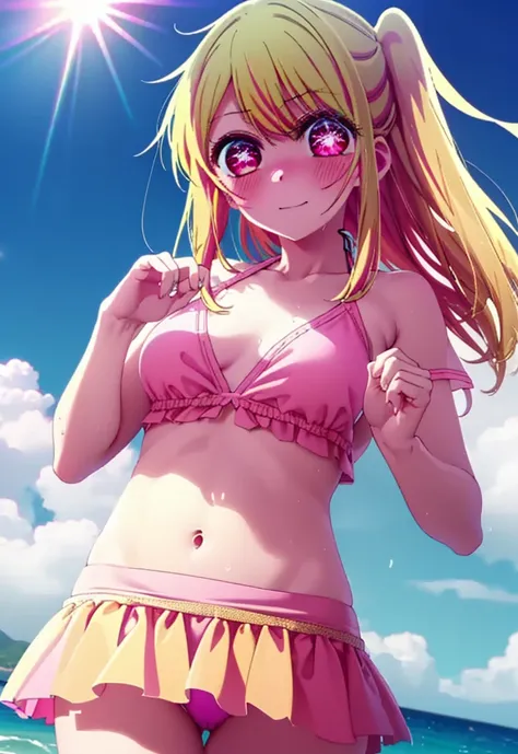 rubyhoshino, Ruby Hoshino, Long Hair, bangs, blonde, (Pink Eyes:1.3), (Symbol-shaped pupil:1.5), Multicolored Hair, smile,blush,Open your mouth,Two-tone hair, Bikini Swimwear,barefoot,Water Play,Wet Hair,Wet Skin,Wet swimsuit,True Summer,Clear skies during...