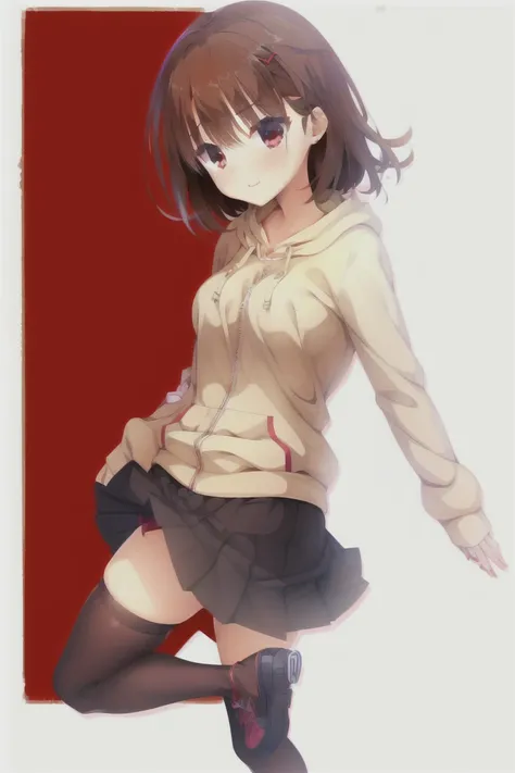 1girl,high_resolution,standing,simple_background,bangs,(red_hoodie:1.3),(black_pleated_skirt:1.35),bob_hair,brown_hair,独奏,black_skirt,blush,skirt,white_background,breasts,eyebrows_ass visible_through_hair,short_hair,smile,red_eyes,looking_at_viewer,thighhi...