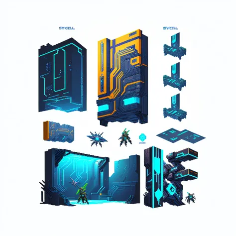 pixel art, walls, sci-fi, game asset set, futuristic, sidescroller, white background, metroidvania futuristic game assets and props
