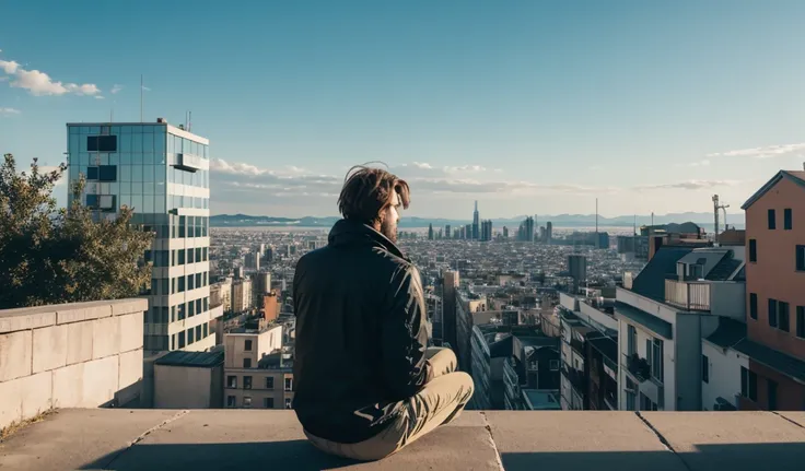 A landscape of buildings with a guy sitting in one of them watching 