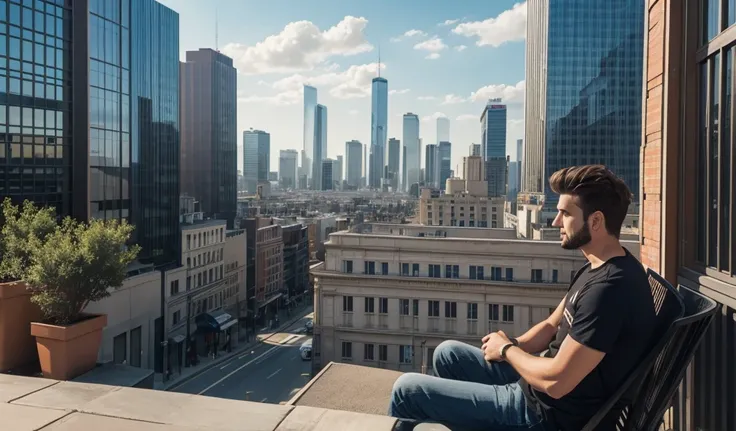 A landscape of buildings with a guy sitting in one of them watching 