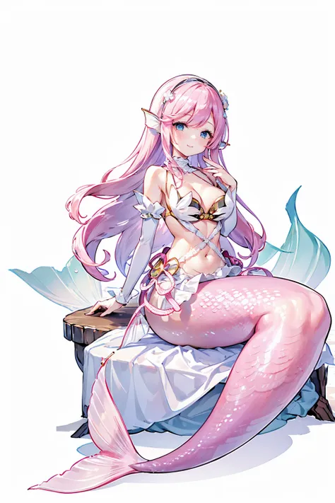 masterpiece, best quality,a girl,pink hair,white dress,blue eyes,head fin,独奏,large breasts,mermaid,粉色的mermaid尾巴,full-body shot,w...