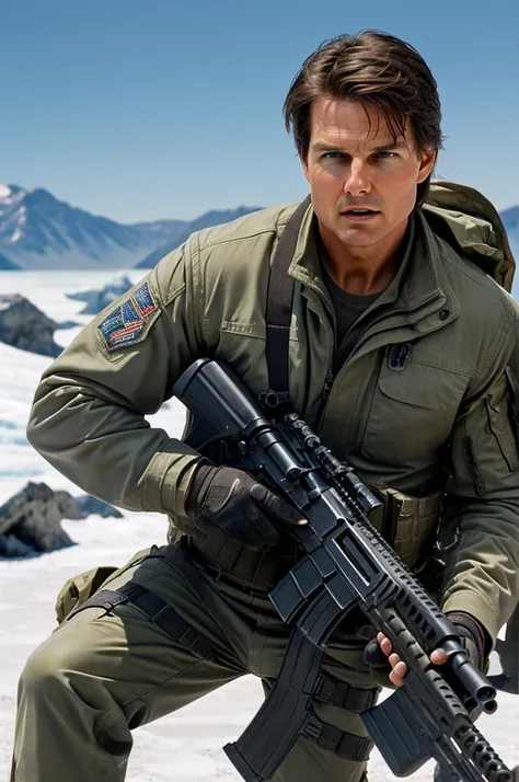 ((best quality)), ((masterpiece)), (detailed), perfect face . Tom cruise has got m416 glacier 