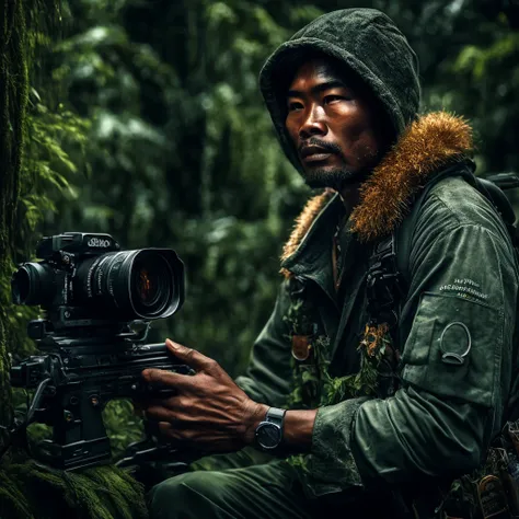 (Award-winning photo:1.3) Masterpiece of, male, male性フォーカス, Rain Forest Ranger, Fur hooded, Ancient Explorers、(Skin with attention to detail:1.2), 8k, Ultra-high resolution, Digital SLR, Soft lighting, high quality, Film Grain, Fujifilm XT3, amazing, Intri...