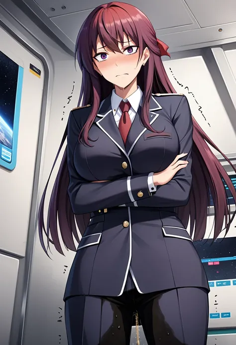 (high quality,Very detailed:1.37, High resolution), Woman, (mature:2.0), (Sakaki Yumiko:2.0), Grisaia, very long hair, (very dark purple hair:1.5), purple eyes, large breasts, military uniform, pants, (wetting herself:1.5), standing, (arms crossed:1.5), (e...