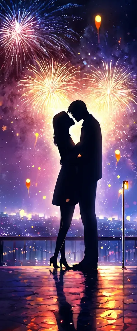 ((love confession)), ((Couple)), night, ((Under the fireworks)), (((masterpiece))), (best quality), (ultra detail), (very_high_resolution), (large_filesize), (full color)