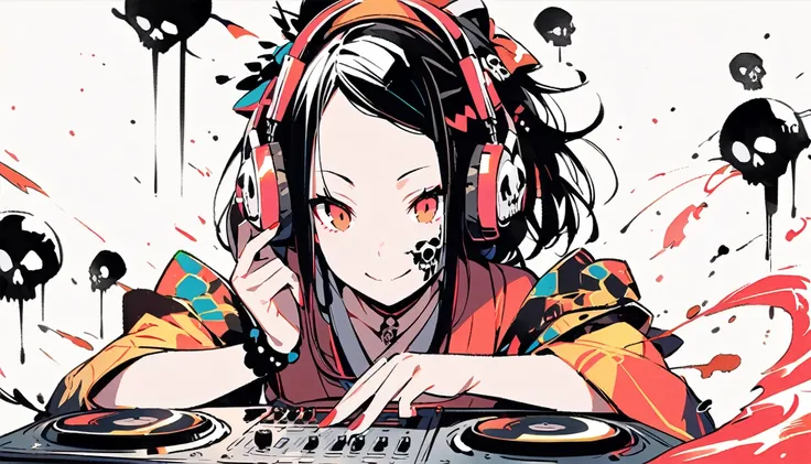 (((Ink Painting))), (((1 girl))), (((Skull tattoo on face))), (((Gorgeous hair accessories))), Japanese style headphones, (((dj))), Japanese Beauty, devil, Black Hair, smile