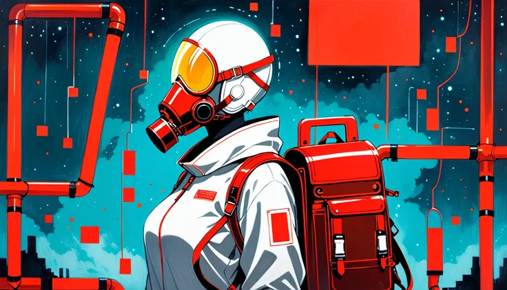 (in style of Catherine Hyde:1.4),
1 Girl,gray sailor suit,respirator masks,glowing eyes,the oxygen cylinder is on its back,from the side,fluorescent luminescent liquid,insert 2 tubes in front of you,futuristic style,(a red square metal backpack with a weir...