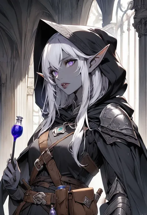 卓尔elf,  pointed ears, solitary, elf, hood, color, looking at the audience, silver long hair, cloak, dark elf, hood up, cape, hoo...