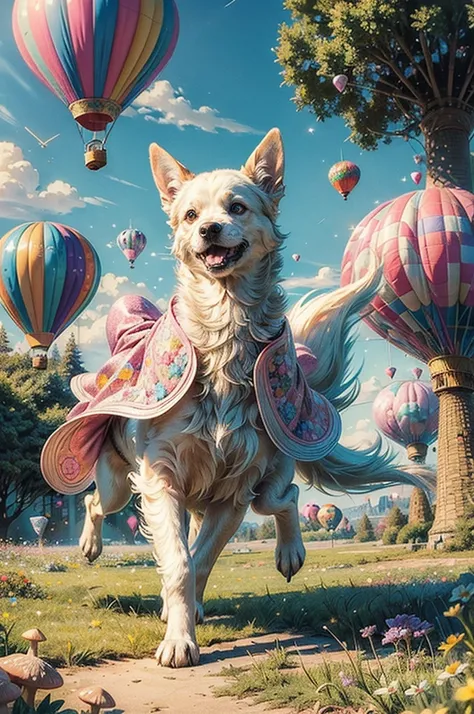 (((best quality))),(((ultra detailed))),(((masterpiece))),illustration,1 flying puppy,whimsical world,pastel colors,fluffy tail,lush fur,sparkling fur,long floppy ears,intricate wing patterns,shimmering sparkles,patchwork quilt wildflowers,colorful hot-air...