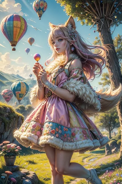 (((best quality))),(((ultra detailed))),(((masterpiece))),illustration,1 flying puppy,whimsical world,pastel colors,fluffy tail,lush fur,sparkling fur,long floppy ears,intricate wing patterns,shimmering sparkles,patchwork quilt wildflowers,colorful hot-air...