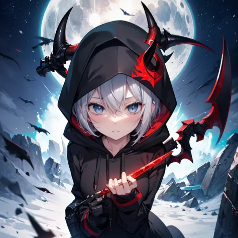 (((((grim Reaper、Horn、Sickle、Stab into the ground　hoodie、Black and Red、Wearing a hood)))))　((((Gray Hair、short hair　blue eyes　A tense look　girl、Center close-up))))，(((night、full moon)))，(Shining Background　Shining Edges)