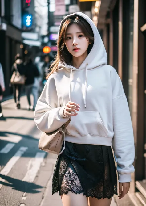 Diffuse lighting、 Highest quality, High resolution, unity 8k wallpaper、Supersaturation, Japanese、1 female、23 years old、Wearing a white hoodie、walking down the street in the city、Under her hoodie she was wearing a black lace bra、mini skirt、beautiful、Adult w...