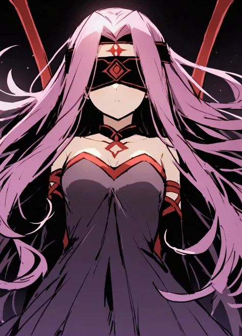 One girl、Pink Hair、(Blindfold:1.5)、dress、chest、Long Hair、solo、Medusa (Fate)、chestの谷間、大きなchest、Medusa (rider) (Fate)、Face mark、Strapless、Forehead mark、Watching the viewer、Purple Hair、gloves、非常にLong Hair、dress、Straplessのdress、Simple Background、肘のgloves、(kbxl...