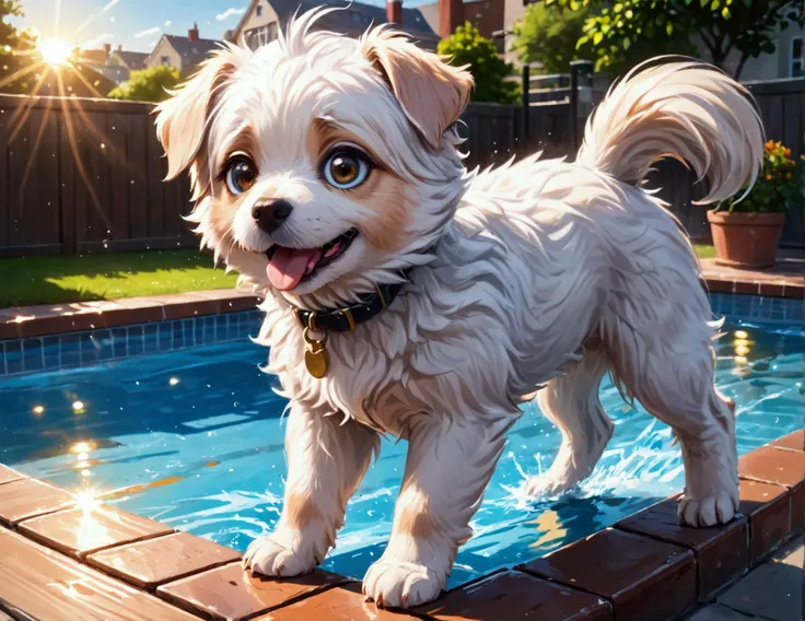 a puppy jumping off a high dive at a swimming pool, mid-air, high above the water, scared and excited expression, splashing water, sunny day, beautiful detailed eyes, cute and fluffy puppy, (best quality,4k,8k,highres,masterpiece:1.2),ultra-detailed,(reali...