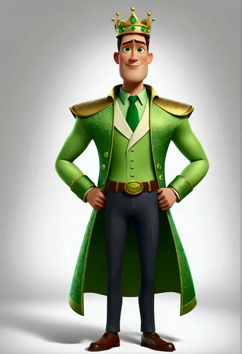 Fun movie style character , Disney Pixar , 3d , a tall, strong young man wearing a king-like outfit in avocado green , with emerald green eyes , proud face, avocado green skin 