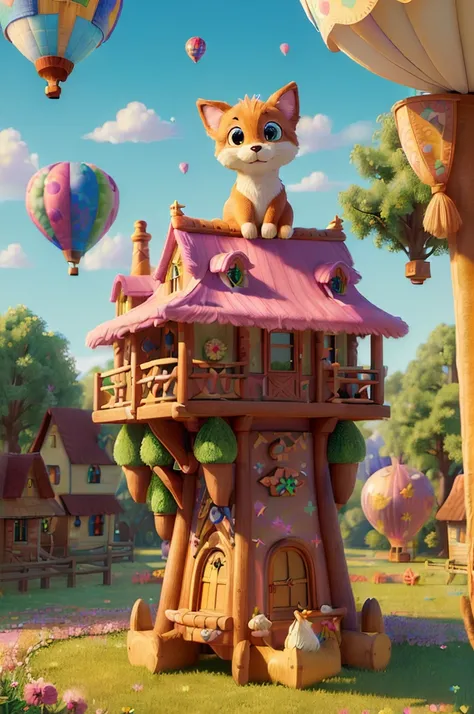 (((best quality))),(((ultra detailed))),(((masterpiece))),illustration,1 flying puppy,whimsical world,pastel colors,fluffy tail,lush fur,sparkling fur,long floppy ears,intricate wing patterns,shimmering sparkles,patchwork quilt wildflowers,colorful hot-air...