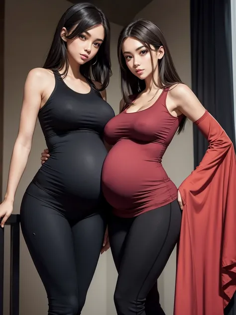 Two pregnant skinny girls in tight clothes 