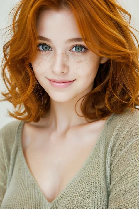 teen girl,pale green eyes, medium length hair, Orange curly hair, has a lot of freckles, Best Quality,High resolution,ultra detailed,realist:1.37,portrait, make up, eyeliner, good proportions, sexiest quality, affected smile, Looking forward, (gray beige s...