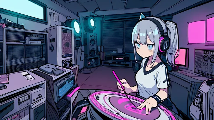 Best quality, (masterpiece), best detail face,1 girl, natural breasts, 18 yo, 8k,absurdres,unity 8k wall paper,(extremely detailed:1.3), highest realistic, (retro headphones:), (soft neon light:), (psychedelic), Her room full of music equipment and records...