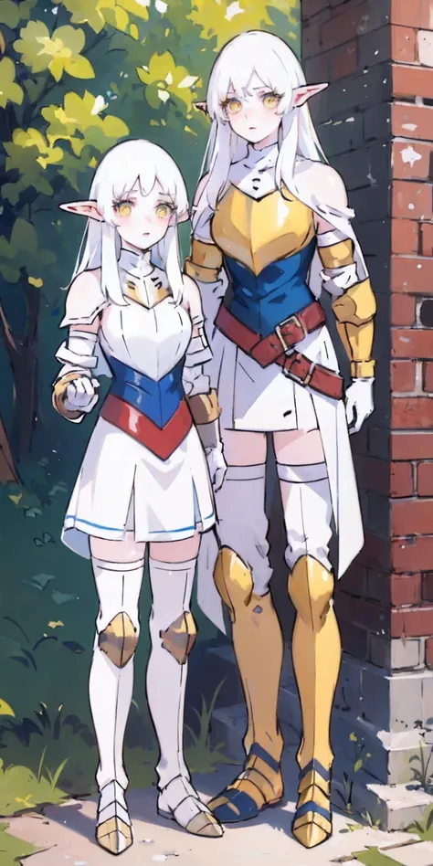 masterpiece, best quality, high quality, white SKIN elf, long hair, white hair, yellow eyes, full body, def_effie, blue breastplate, white skin, looking at viewer, shiny, armor, thigh highs, high boots, shoulder armor, faulds, poleyn, gloves, gauntlets