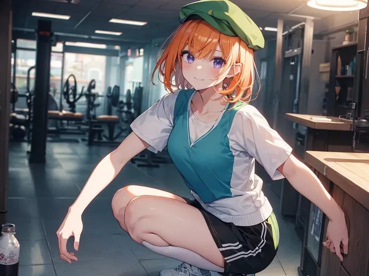 Woman squatting, Elf Ears, Training Gym, Highest quality, Best image quality,Perfect Anatomy,masterpiece,Ultra-detailed,beautiful,super high quality, Highest quality,High resolution, Very detailed,Game CG,Dutch Angle ,beautiful細部までこだわった目,Visual Arts,Five F...