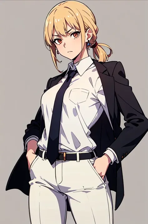 source_anime, ratatatat74, sketch, (mature female:1.2), 1girl, blonde hair, necktie, solo, orange necktie, shirt, jacket, white background, white shirt, (jacket on shoulders:1.2), jewelry, black pants, black jacket, looking at viewer, earrings, simple back...